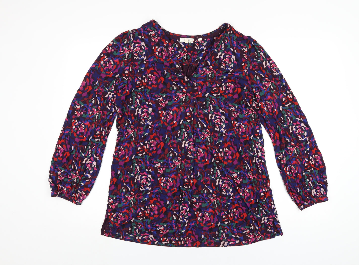 Fat Face Womens Multicoloured Geometric Viscose Basic T-Shirt Size 12 V-Neck