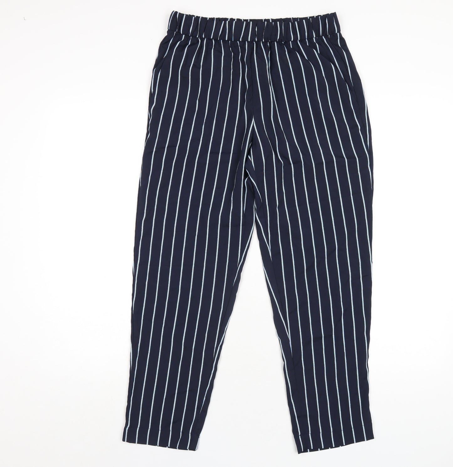 H&M Womens Blue Striped Polyester Trousers Size 8 L26 in Regular