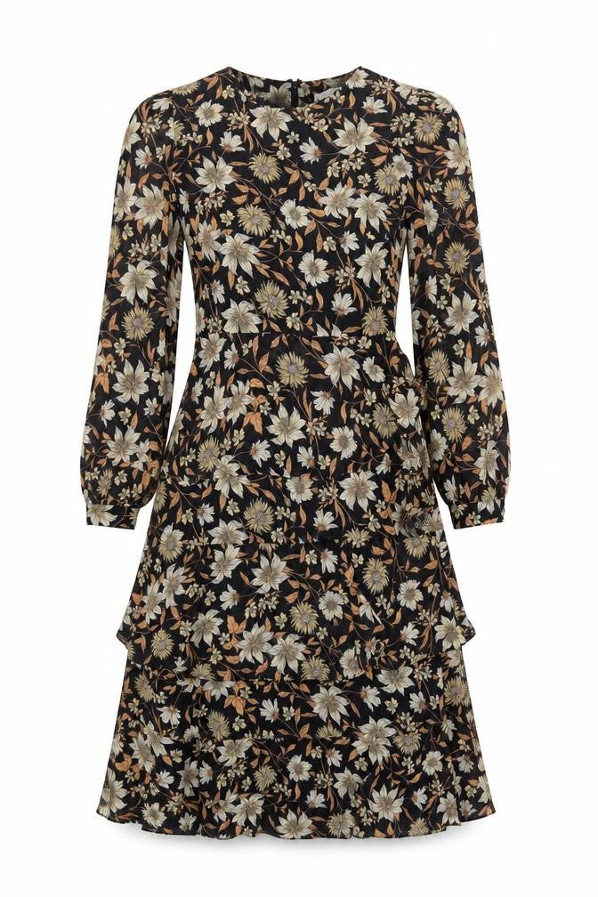 Front view of Warehouse women’s black floral polyester a-line, size UK 8, round neck zip
