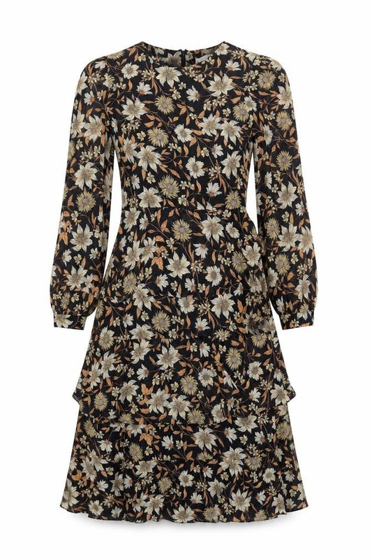 Front view of Warehouse women’s black floral polyester a-line, size UK 8, round neck zip