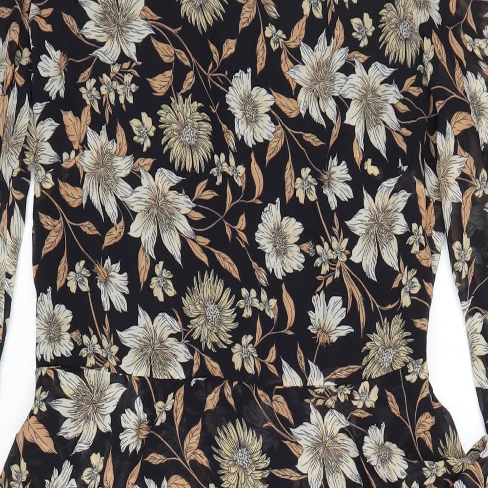 Warehouse Womens Black Floral Polyester A-Line Size 8 Round Neck Zip