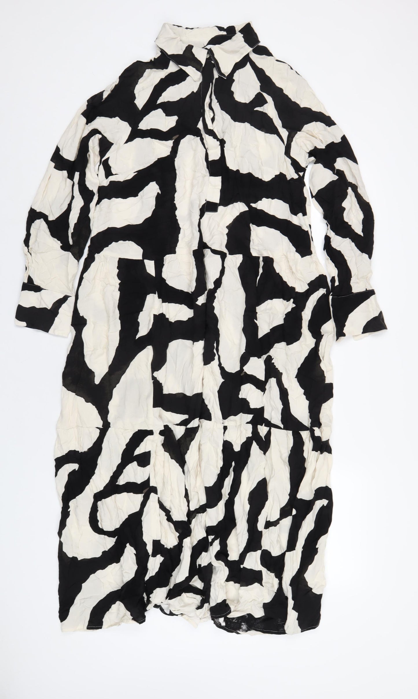 H&M Womens Black Geometric Viscose Shirt Dress Size M Collared Button