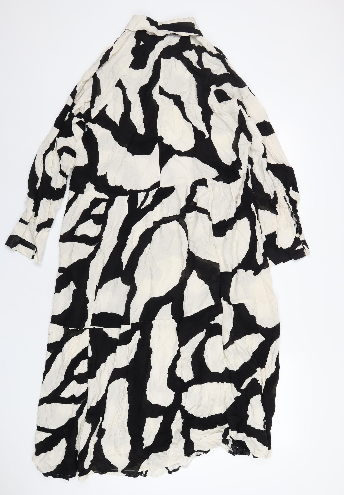 H&M Womens Black Geometric Viscose Shirt Dress Size M Collared Button
