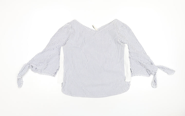 Stradivarius Womens Blue Striped Cotton Basic T-Shirt Size S V-Neck