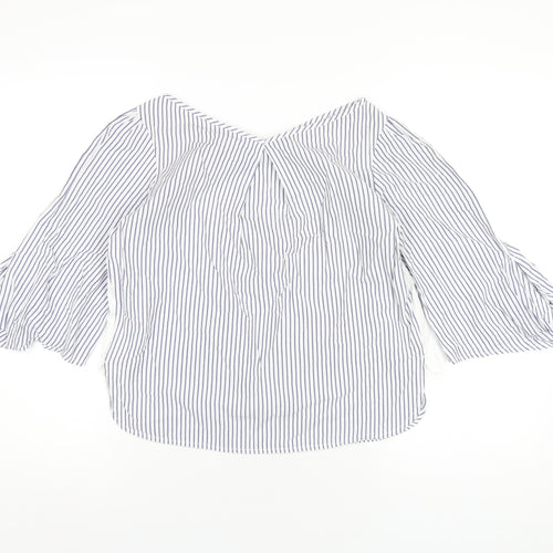 Stradivarius Womens Blue Striped Cotton Basic T-Shirt Size S V-Neck
