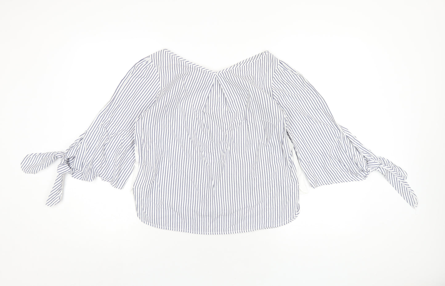 Stradivarius Womens Blue Striped Cotton Basic T-Shirt Size S V-Neck