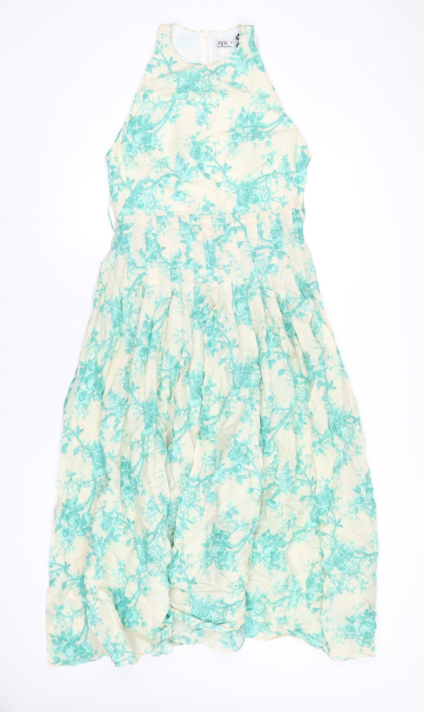 Zara Womens Ivory Floral Cotton A-Line Size M Round Neck Zip