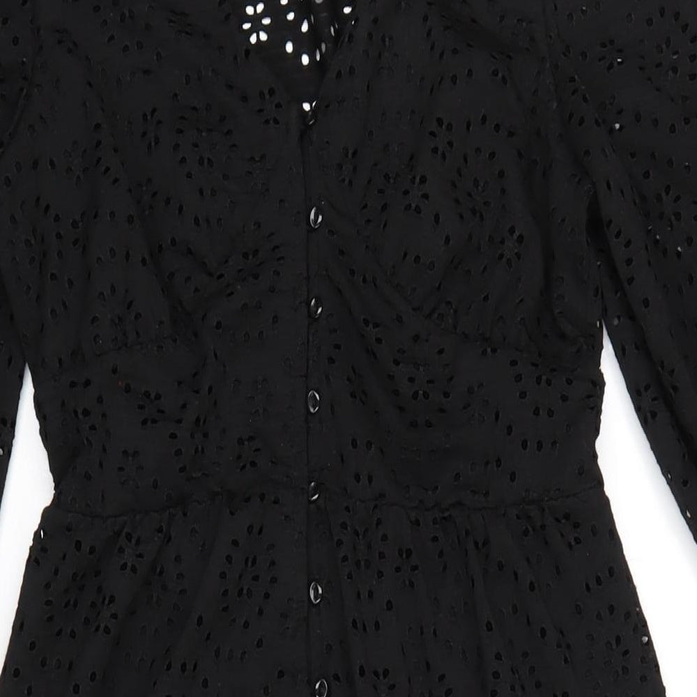 River Island Womens Black Polyester A-Line Size 10 V-Neck Button