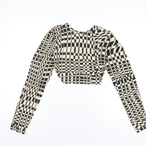 Monki Womens Beige Geometric Cotton Basic T-Shirt Size M Round Neck