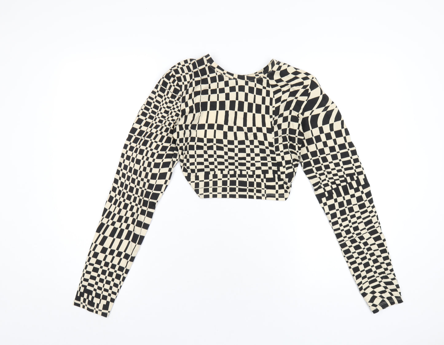 Monki Womens Beige Geometric Cotton Basic T-Shirt Size M Round Neck
