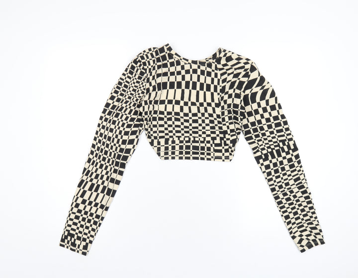 Monki Womens Beige Geometric Cotton Basic T-Shirt Size M Round Neck