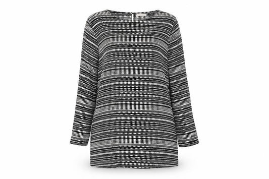 Front view of H&M women’s black geometric viscose a-line, size UK 14, round neck button