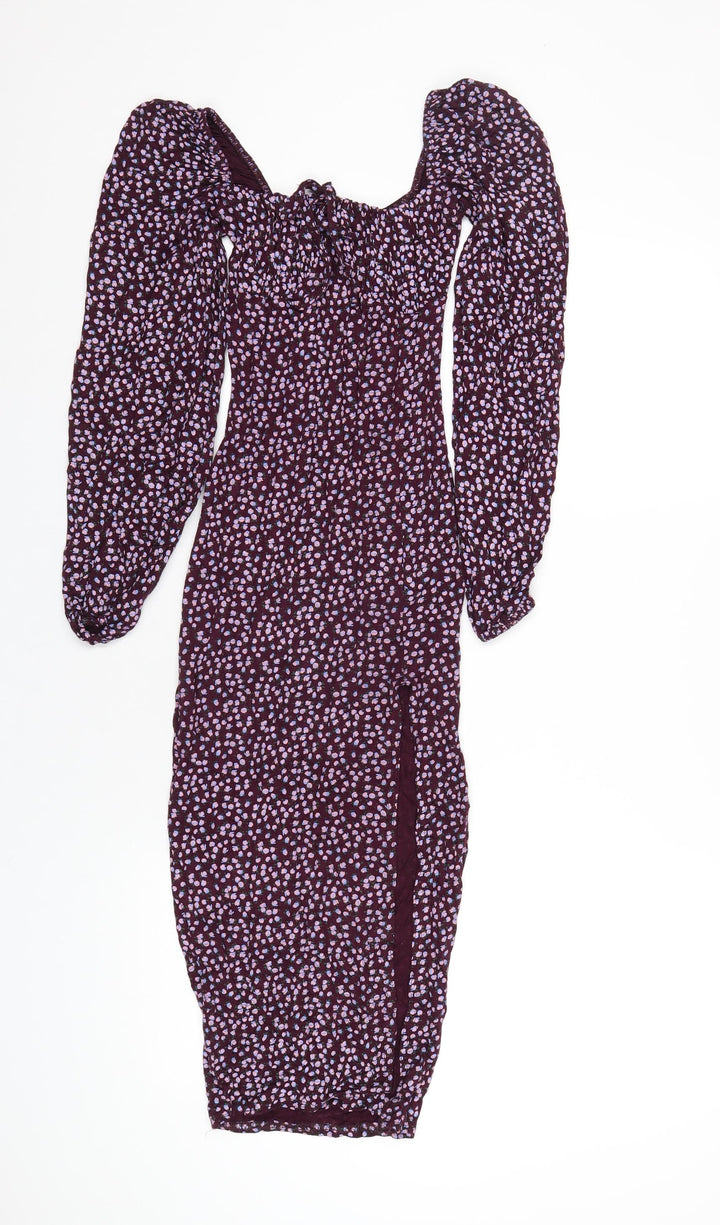 Missguided Womens Purple Floral Viscose Bodycon Size 4 Square Neck Pullover