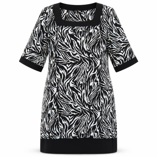 Front view of Tiana B women’s black animal print polyester a-line, size L, square neck pullover - zebra print