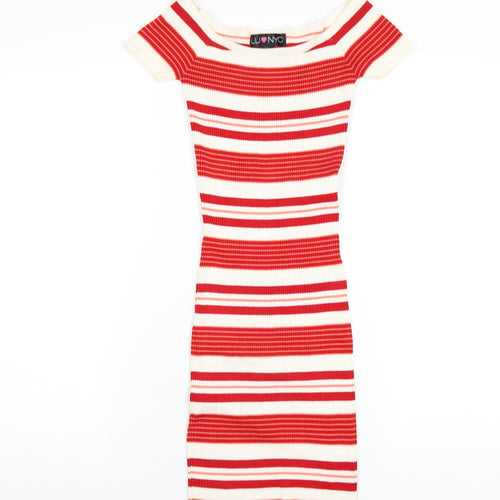 LU NYC Womens Red Striped Viscose Bodycon Size XS Boat Neck Pullover