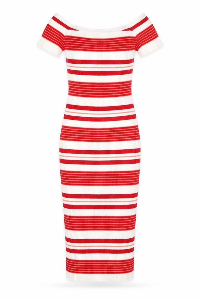 Front view of LU NYC women’s red striped viscose bodycon, size XS, boat neck pullover