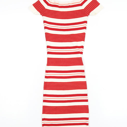 LU NYC Womens Red Striped Viscose Bodycon Size XS Boat Neck Pullover