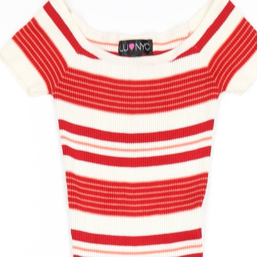 LU NYC Womens Red Striped Viscose Bodycon Size XS Boat Neck Pullover