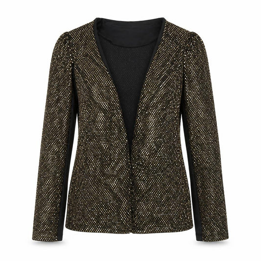 Front view of Boohoo women’s gold jacket, size UK 12