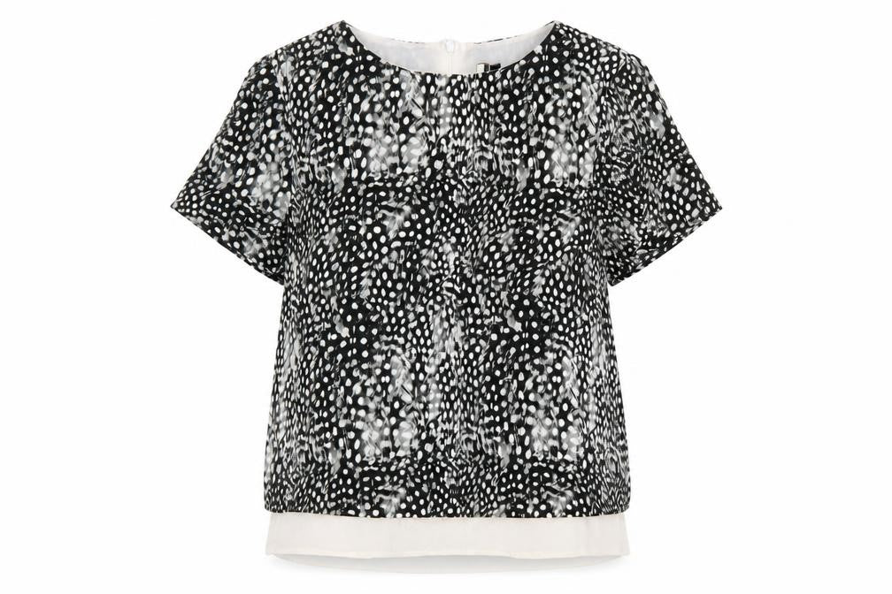Front view of Topshop women’s black geometric polyester basic t-shirt, size UK 12, round neck