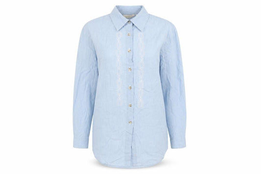Front view of Laura Gribby women’s blue cotton basic button-up, size UK 10, collared