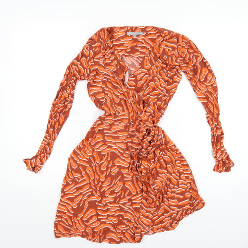 Oliver Bonas Womens Orange Geometric Viscose Wrap Dress Size 6 V-Neck Tie