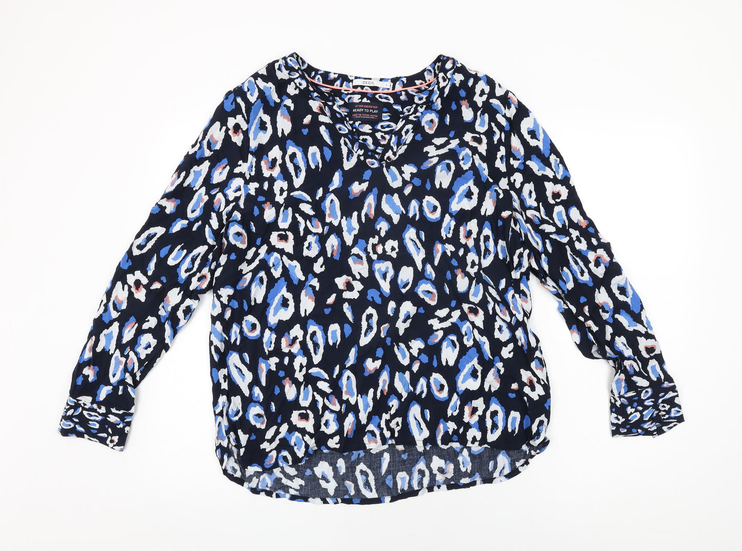 Cecil Womens Blue Animal Print Viscose Basic T-Shirt Size L V-Neck