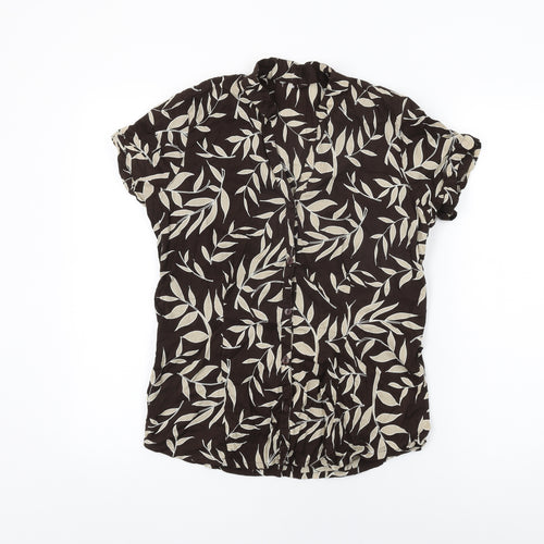 E-vie Womens Brown Geometric Cotton Basic Button-Up Size 10 V-Neck - Leaf Print