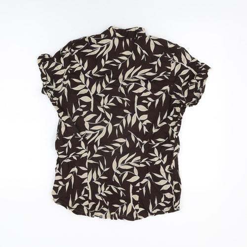 E-vie Womens Brown Geometric Cotton Basic Button-Up Size 10 V-Neck - Leaf Print