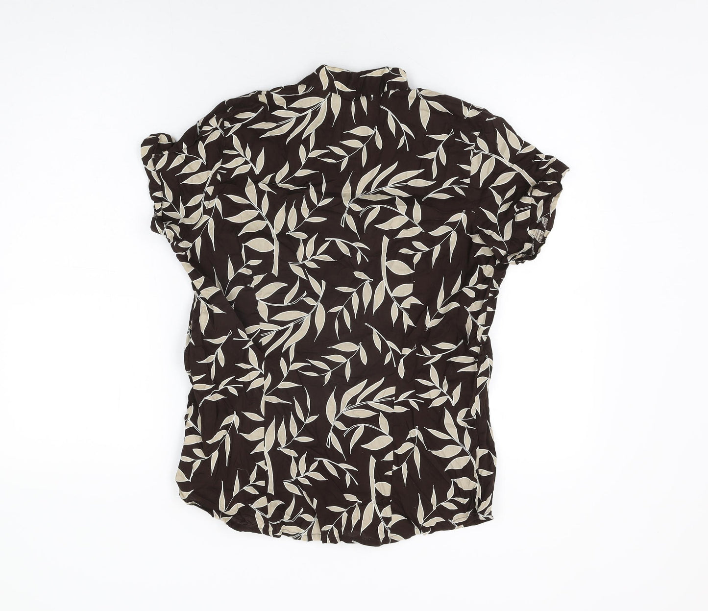 E-vie Womens Brown Geometric Cotton Basic Button-Up Size 10 V-Neck - Leaf Print
