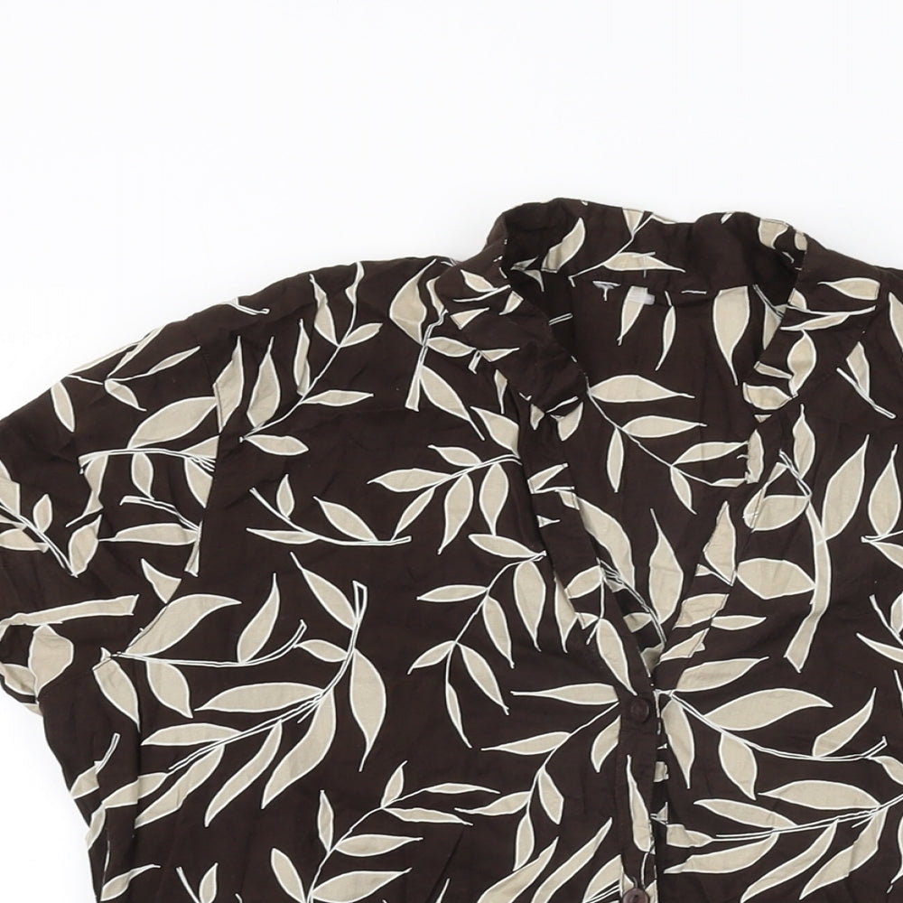 E-vie Womens Brown Geometric Cotton Basic Button-Up Size 10 V-Neck - Leaf Print