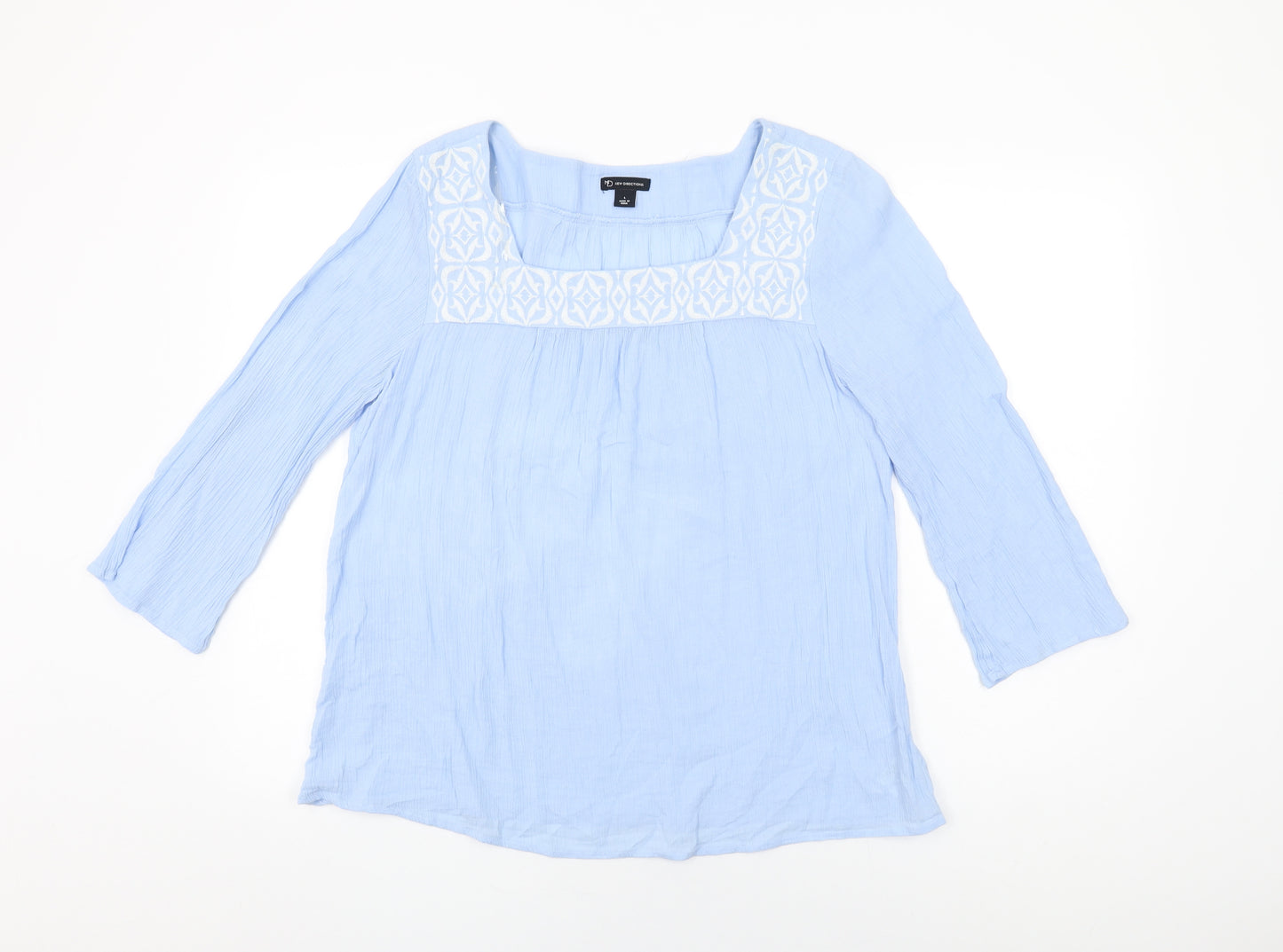 New Directions Womens Blue Cotton Basic T-Shirt Size L Square Neck