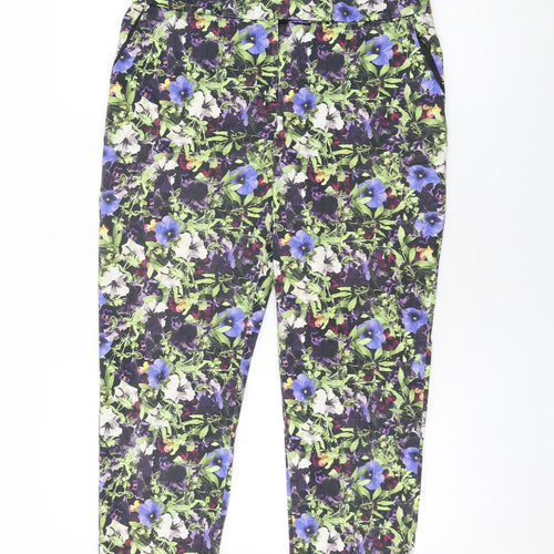 NEXT Womens Black Floral Cotton Trousers Size 12 L28.5 in Regular Zip