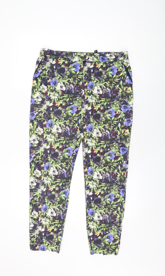 NEXT Womens Black Floral Cotton Trousers Size 12 L28.5 in Regular Zip