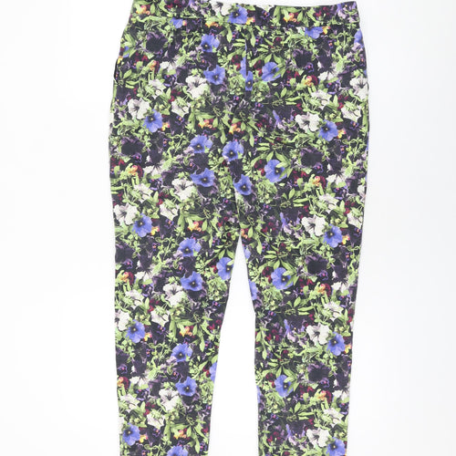 NEXT Womens Black Floral Cotton Trousers Size 12 L28.5 in Regular Zip