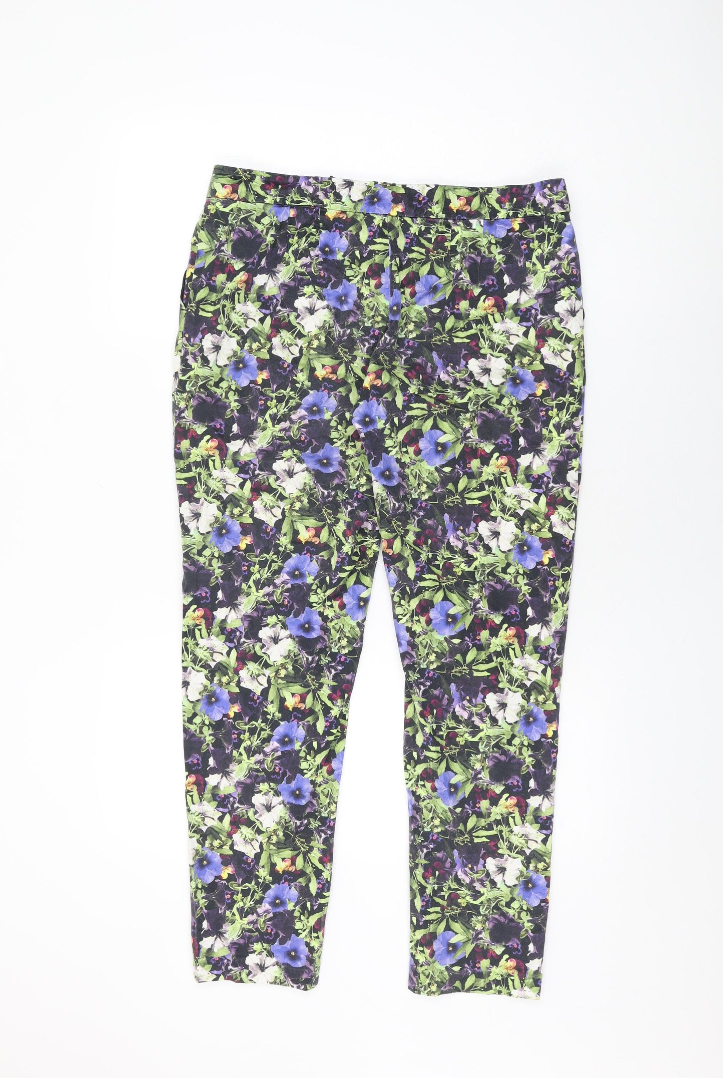 NEXT Womens Black Floral Cotton Trousers Size 12 L28.5 in Regular Zip