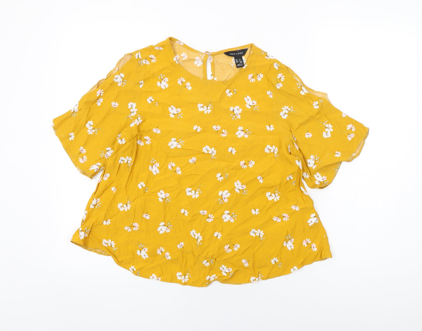 New Look Womens Yellow Floral Viscose Basic T-Shirt Size 6 Round Neck