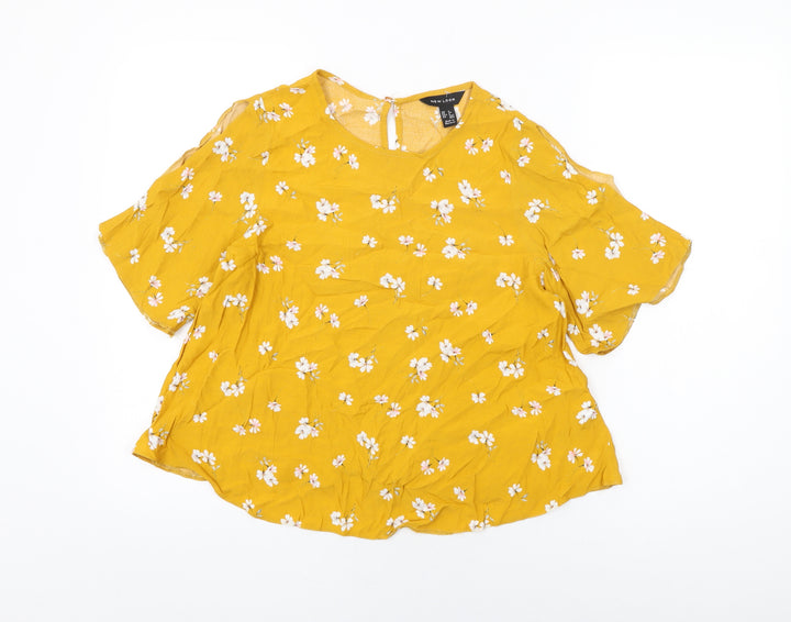 New Look Womens Yellow Floral Viscose Basic T-Shirt Size 6 Round Neck