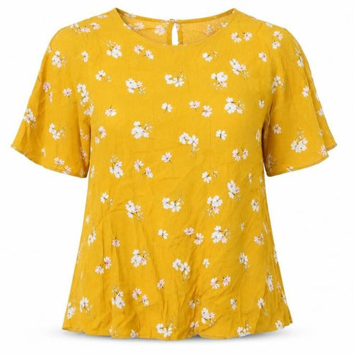 New Look Womens Yellow Floral Viscose Basic T-Shirt Size 6 Round Neck