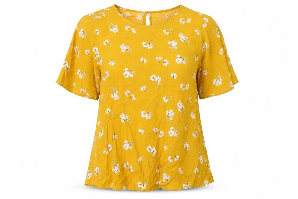 New Look Womens Yellow Floral Viscose Basic T-Shirt Size 6 Round Neck