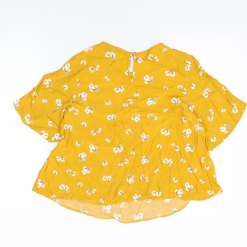 New Look Womens Yellow Floral Viscose Basic T-Shirt Size 6 Round Neck