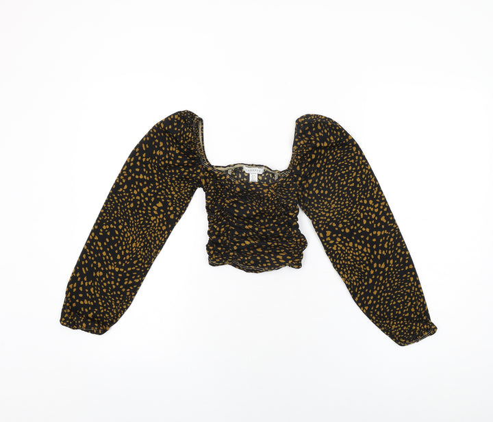 Topshop Womens Black Geometric Polyester Cropped T-Shirt Size 6 Square Neck - Balloon Sleeves