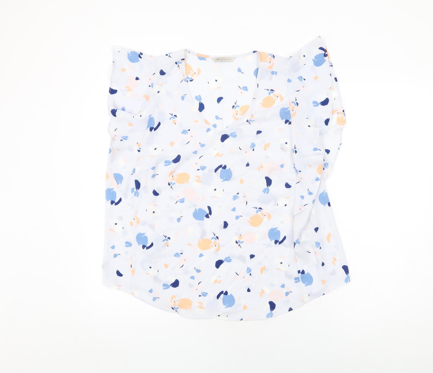 Marks and Spencer Womens Blue Geometric Polyester Basic Blouse Size 16 V-Neck - Frill Detail