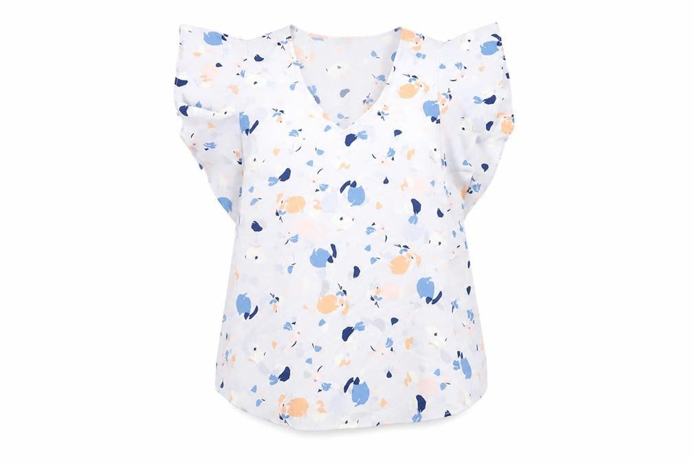 Front view of Marks & Spencer women’s blue geometric polyester basic blouse, size UK 16, v-neck - frill detail