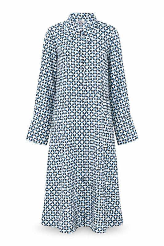 Front view of H&M women’s blue geometric polyester shirt dress, size S, collared button
