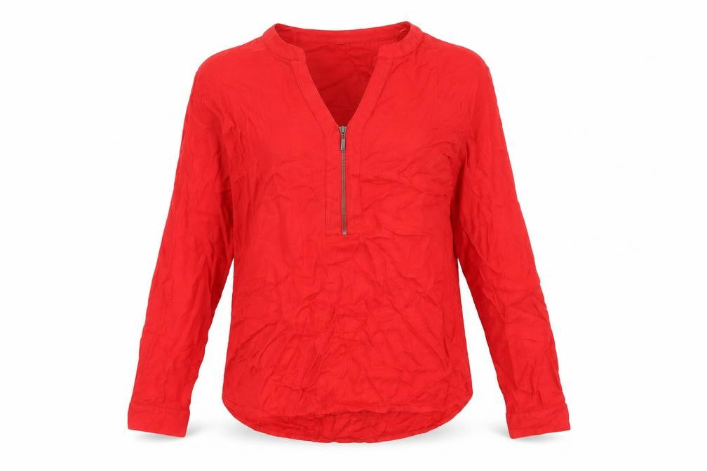 Front view of b.young women’s red viscose basic t-shirt, size UK 10, v-neck