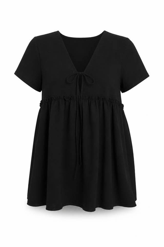 Front view of Boohoo women’s black polyester shift, size UK 14, v-neck tie