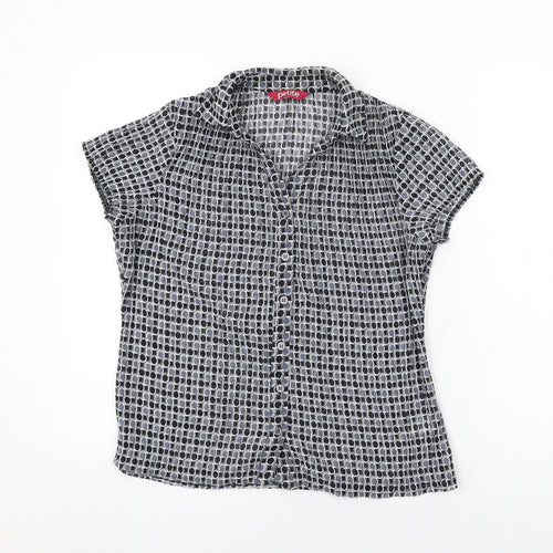 Petite Womens Black Geometric Polyester Basic Button-Up Size 10 Collared