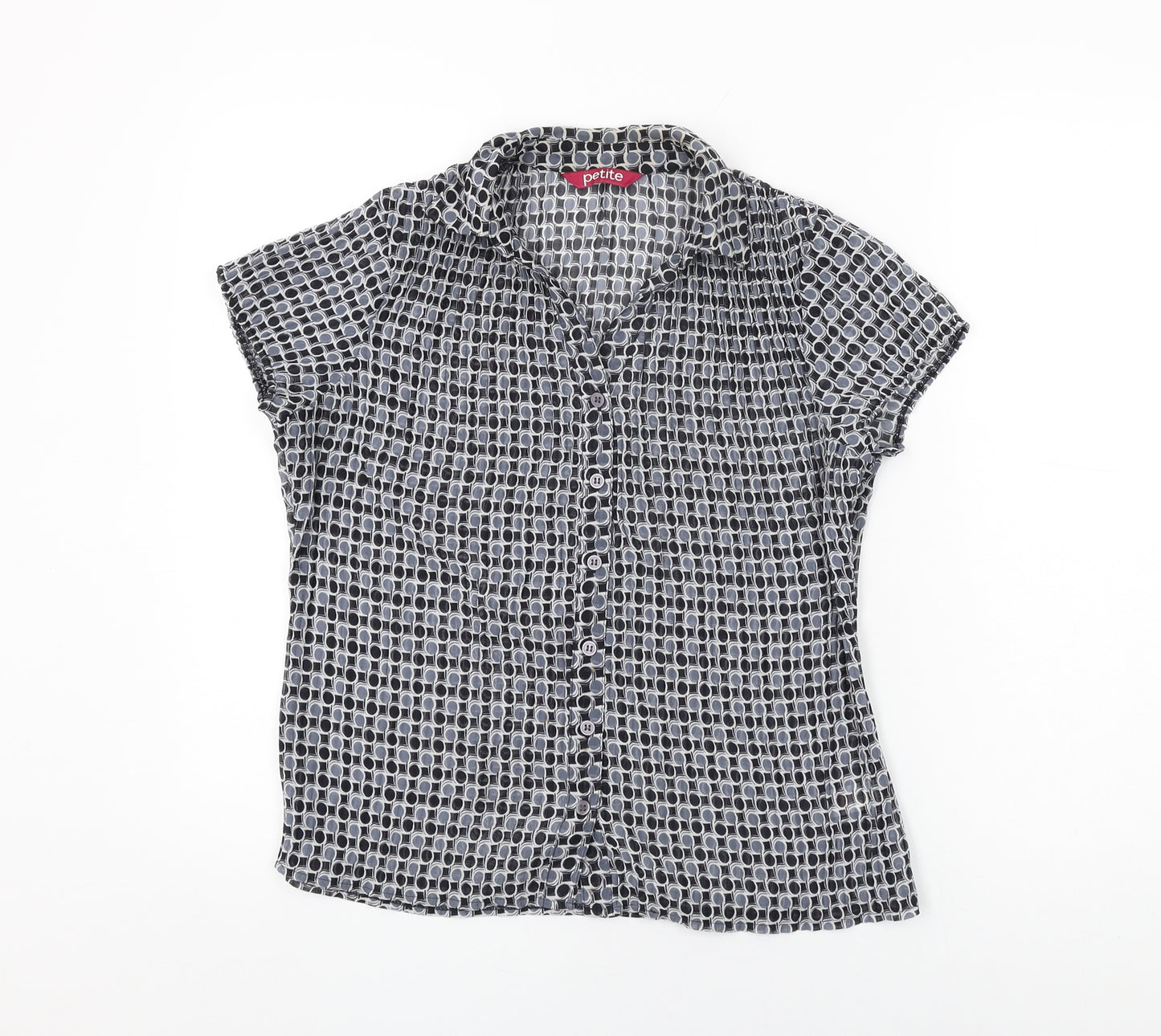 Petite Womens Black Geometric Polyester Basic Button-Up Size 10 Collared