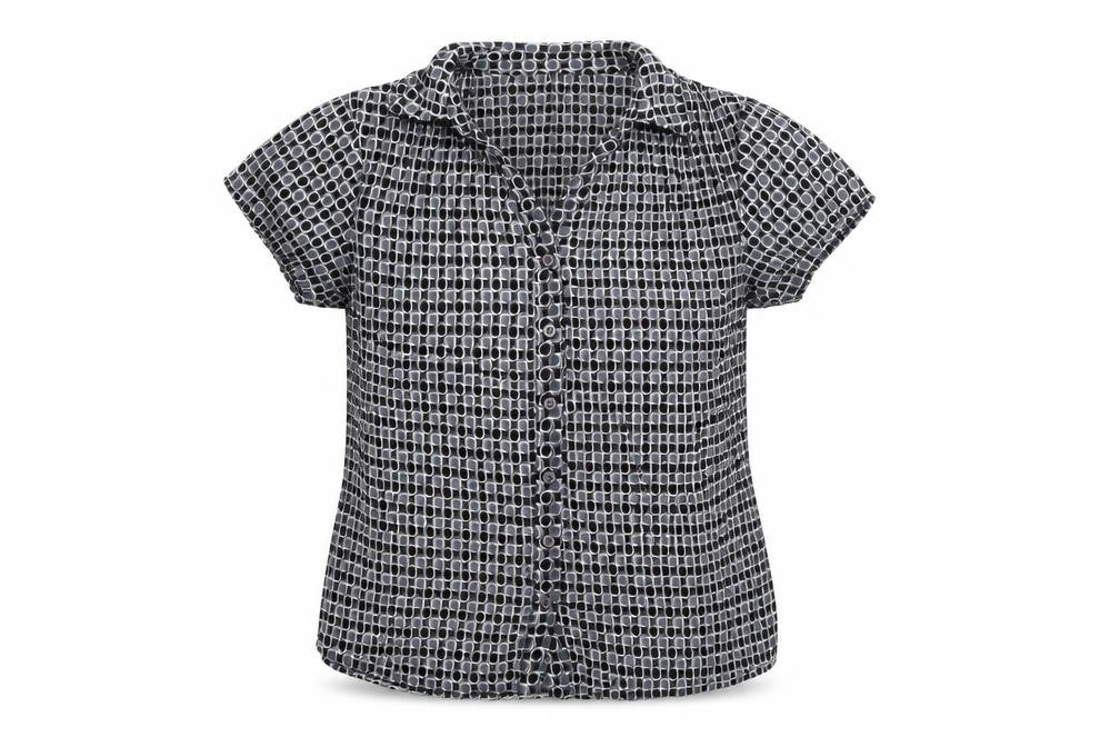 Petite Womens Black Geometric Polyester Basic Button-Up Size 10 Collared